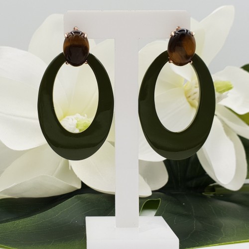 Rosé vergulde oorknoppen met Tijgeroog en donker groen gelakte Buffelhoorn hanger