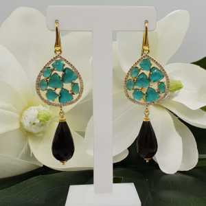 Gold plated earrings with Smokey Topaz and green cats eye