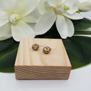 Silver earrings oval Citrine within carved setting and hasp