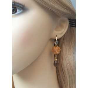 Gold plated earrings spheres of Citrine and Smokey Topaz briolet