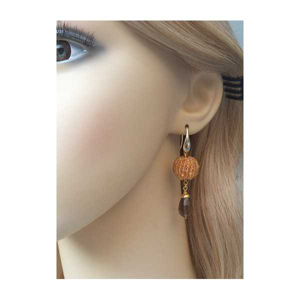 Gold plated earrings spheres of Citrine and Smokey Topaz briolet