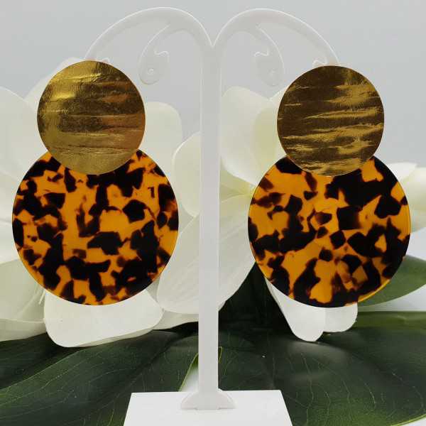 Gold plated earrings large round resin pendant