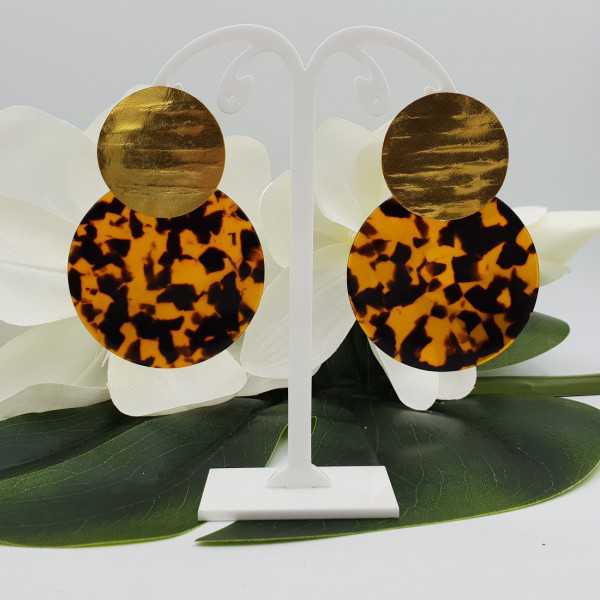 Gold plated earrings large round resin pendant