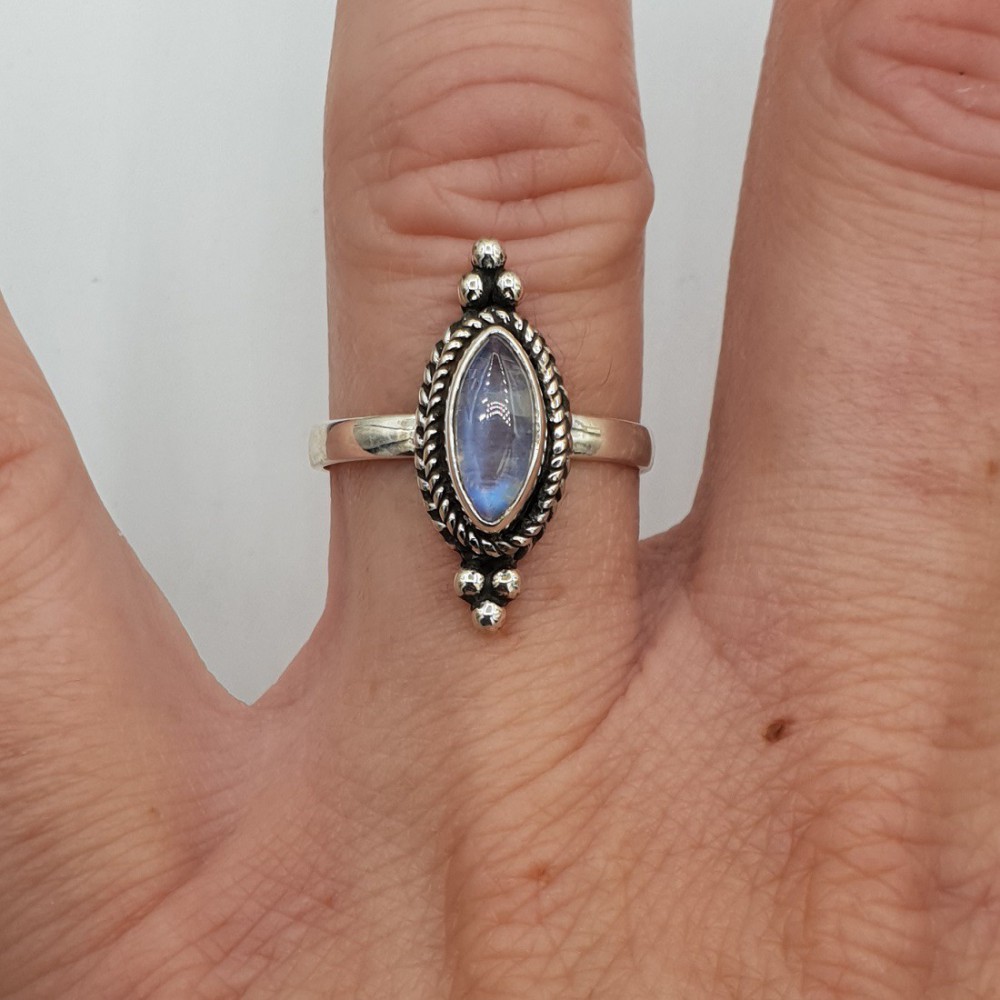 Silver ring set with marquise rainbow Moonstone