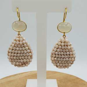 Gold plated earrings with grey Chalcedony and a drop of ivory colored crystals