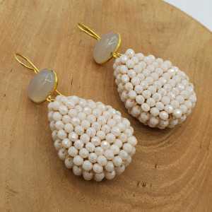 Gold plated earrings with grey Chalcedony and a drop of ivory colored crystals