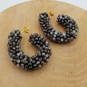 Glassberry creolen zwart grijze kristallen