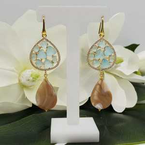 Gold plated earrings with cat's eye and mother-of-Pearl