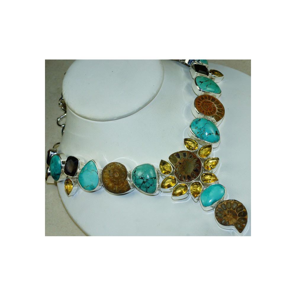 Silver necklace set with Ammonite, Turquoise and Citrine 