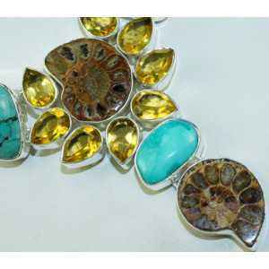 Silver necklace set with Ammonite, Turquoise and Citrine 