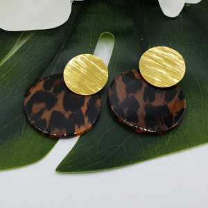 Gold plated earrings with leopard print resin pendant