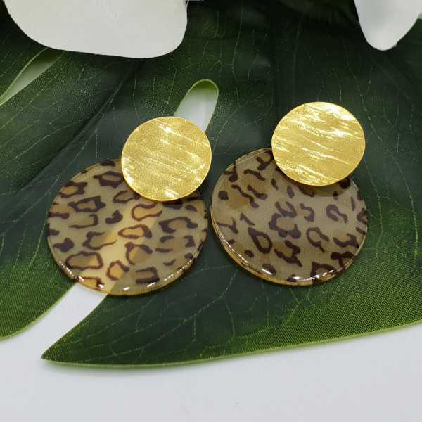 Gold plated earrings with round leopard print resin