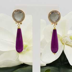 Gold earrings with grey cat's eye and purple Jade