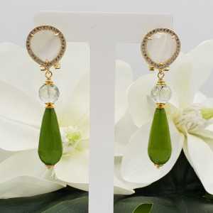Golden earrings with white cats eye, green Amethyst, and Jade