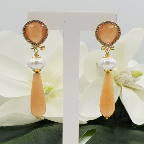 Gouden oorbellen licht oranje Kattenoog Smokey Topaas en Jade
