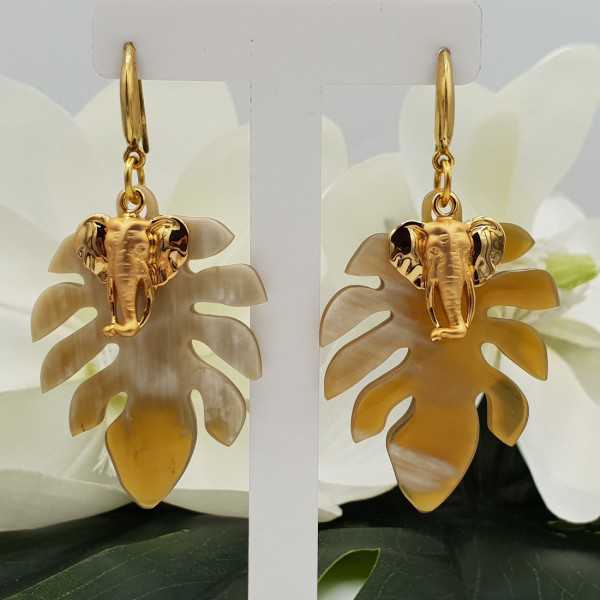 Gold plated earrings with leaf of buffalo horn and elephant charm
