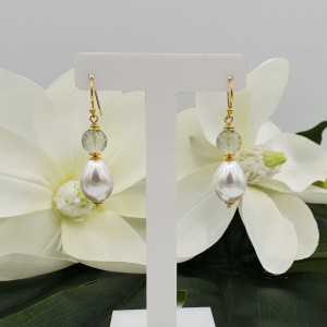 Gold plated earrings with Pearl and green Amethyst
