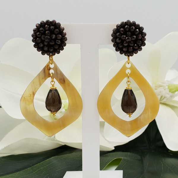 Gold plated earrings with dark brown crystals, Smokey Topaz and buffalo horn