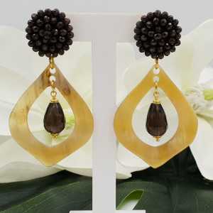 Gold plated earrings with dark brown crystals, Smokey Topaz and buffalo horn