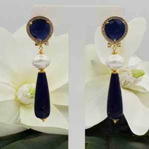 Vergoldete Ohrringe blau Katzen Auge Perlen und Lapislazuli
