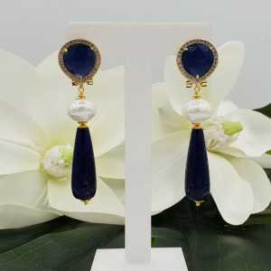 Vergoldete Ohrringe blau Katzen Auge Perlen und Lapislazuli