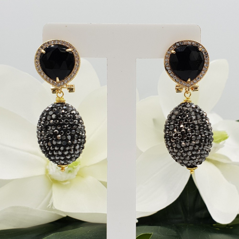 Gold plated earrings with black Agate and crystals