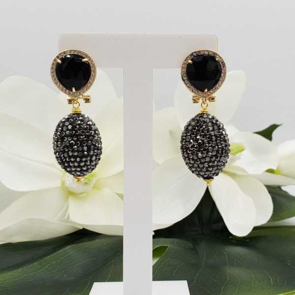 Gold plated earrings with black Agate and crystals