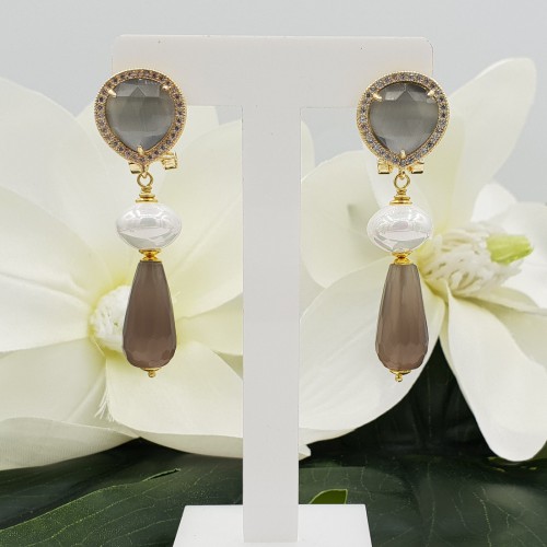 Vergulde oorbellen grijze Kattenoog Parel en grijze Agaat