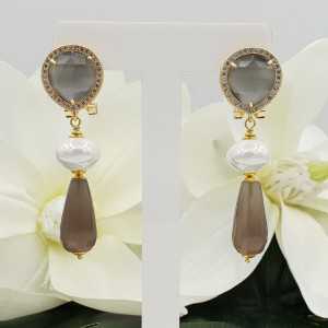 Gold plated earrings gray cats eye Pearl and gray Agate