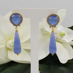 Gold plated drop earrings blue cat's eye and blue Lace Agate