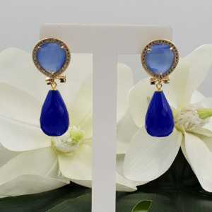 Gold plated earrings blue cats eye and blue Chalcedony