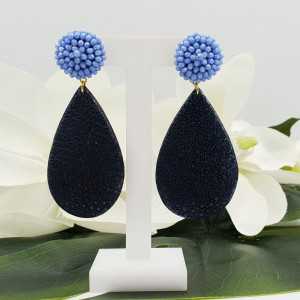 Gold plated earrings with blue crystals and blue Roggenleer