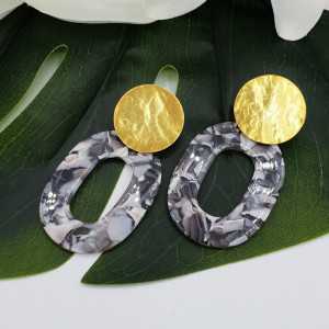 Earrings with marble light beige grey resin pendant
