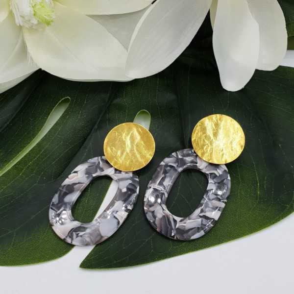 Earrings with marble light beige grey resin pendant