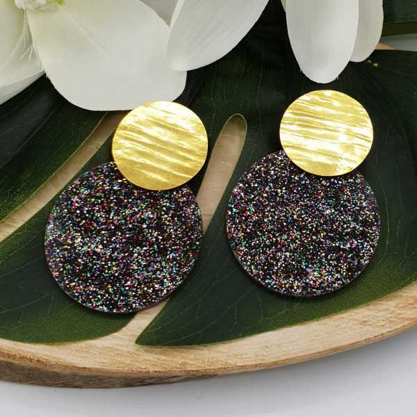 Gold plated earrings with large round glitter resin pendant