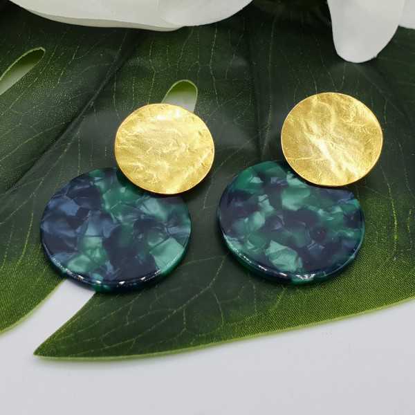 Gold plated earrings with round green resin pendant