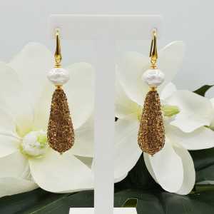 Gold plated earrings with Pearl and golden crystal drop