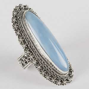 Silver ring set with large oval blue Opal 18.5 mm