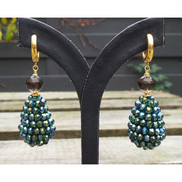 Gold plated earrings blue/ green crystals and Smoky Topaz