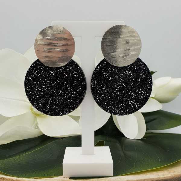 Silber Ohrringe mit großen, Runden schwarzen glitter Harz-Anhänger