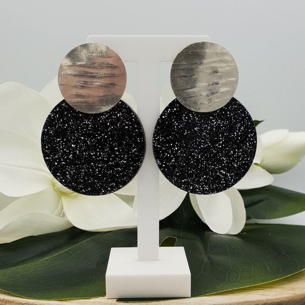 Silver earrings with large round black glitter resin pendant