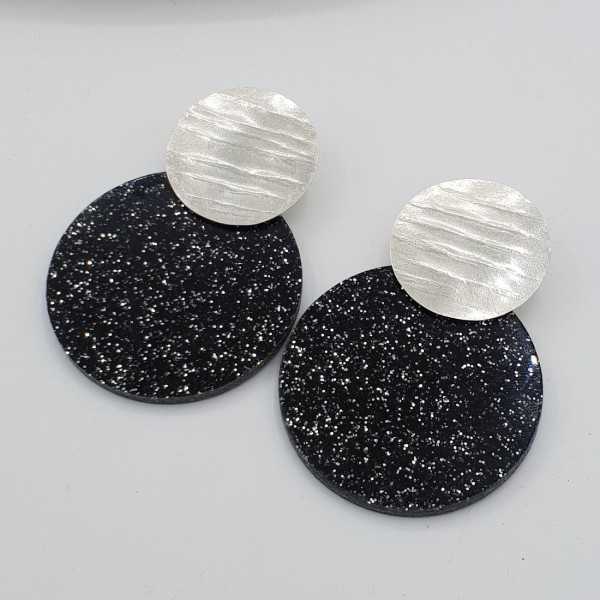 Silver earrings with large round black glitter resin pendant