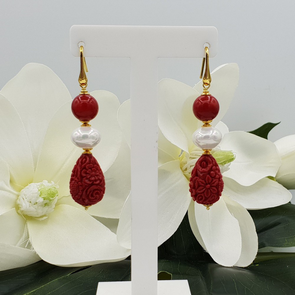 Earrings with Coral, Pearl and Resin