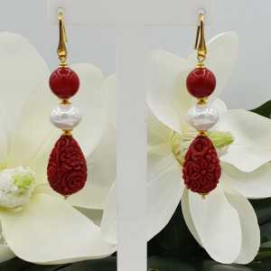 Earrings with Coral, Pearl and Resin