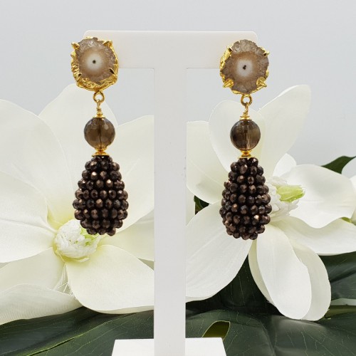Vergulde oorbellen Solar quartz Smokey Topaas en kristallen