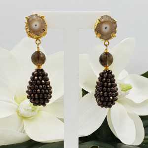 Gold plated earrings, Solar quartz, Smokey Topaz, and crystals