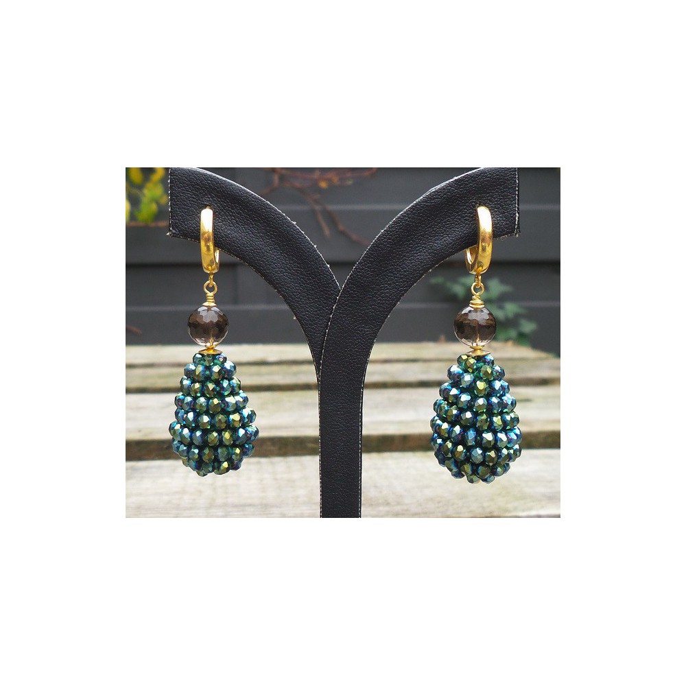 Gold plated earrings blue/ green crystals and Smoky Topaz