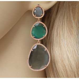 Gold plated earrings with green and gray cat's eye