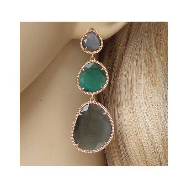 Gold plated earrings with green and gray cat's eye