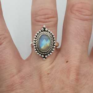 Silver ring set with oval facet cut Moonstone carved head 17 mm